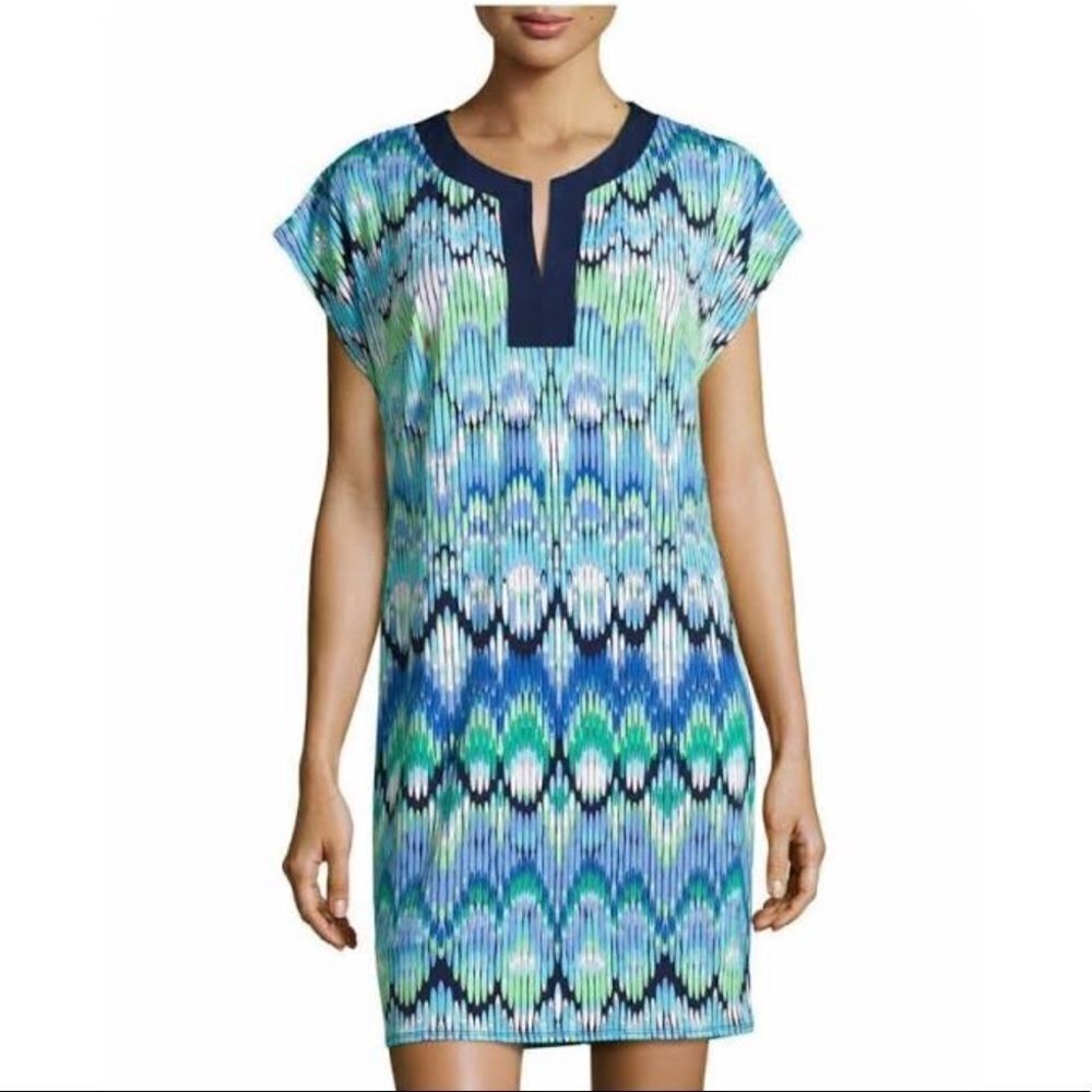 Laundry by Shelli Segal blue green split neckline pop over shift dress medium